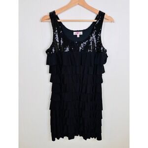 As U Wish Sequin Dress Ruffle Tiered Sleeveless Party Black Medium Flapper‎